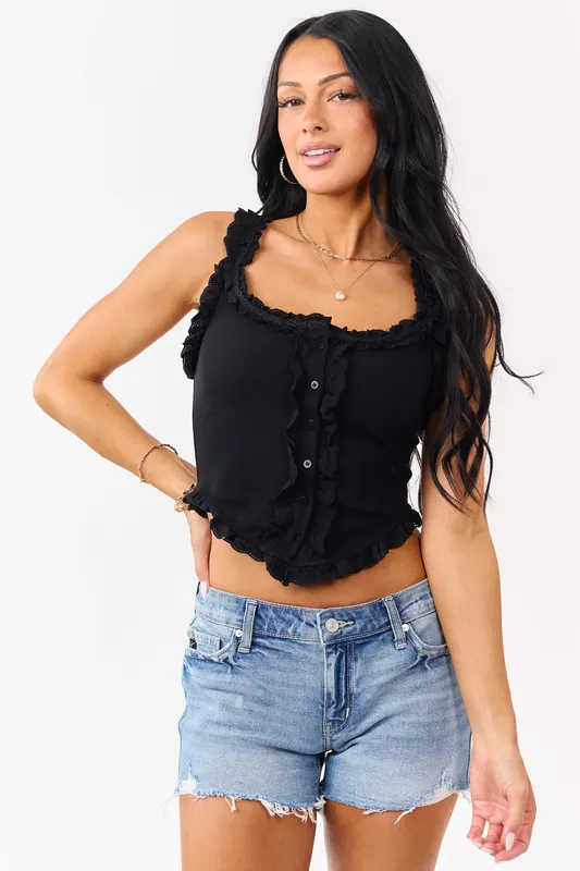 Black Rib Knit Ruffle Trim Button Down Tank Top - HYFVE