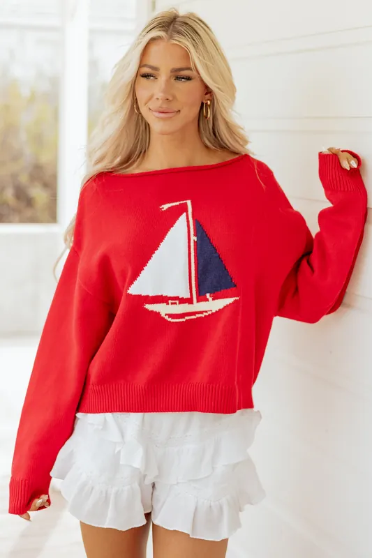 Ruby Sailboat Graphic Boatneck Sweater - LE LIS