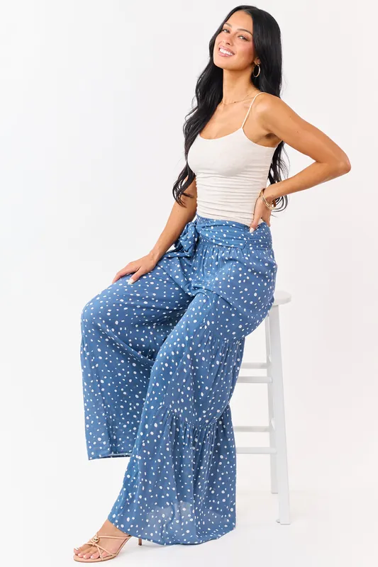 Dusty Blue and Ivory Spotted Palazzo Wide Leg Pants - Final Touch