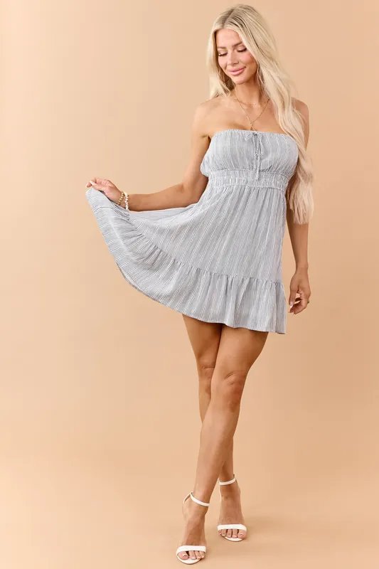 Navy Striped Front Tie Strapless Mini Dress - Blu Pepper