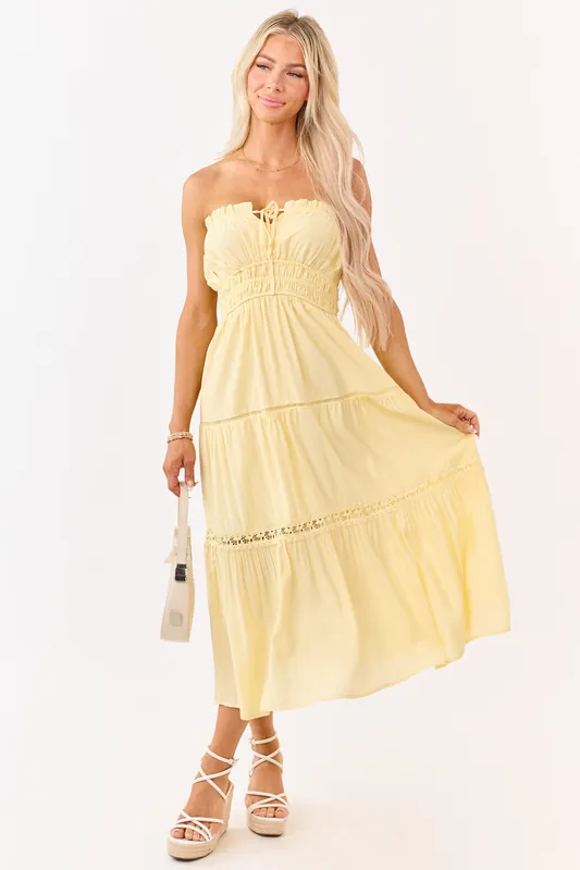 Lemon Strapless Tiered Lace Shirred Waist Midi Dress - Blu Pepper