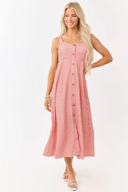 Crimson and Cream Striped Button Detail Midi Dress - Blu Pepper