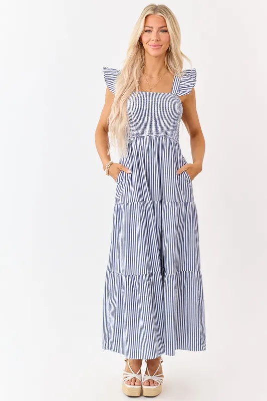 She+Sky Navy Striped Smocked Bodice Maxi Dress - She + Sky
