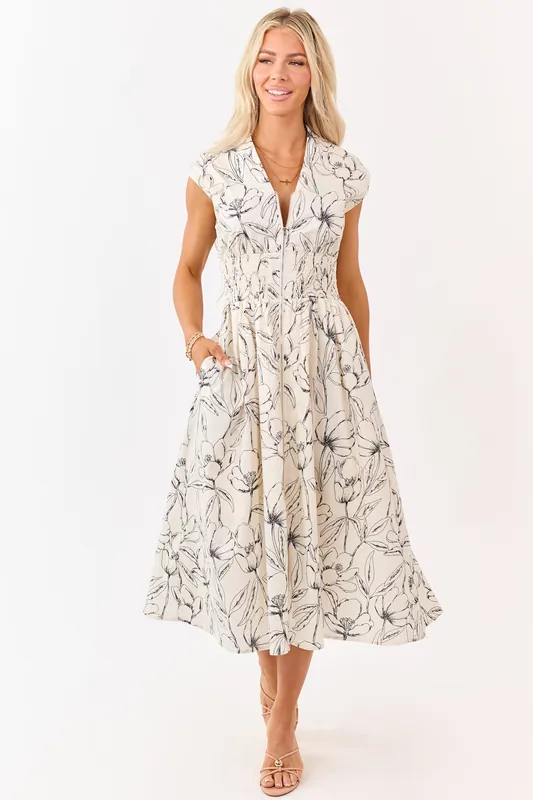 She+Sky Cream Floral Print Cotton Zip Up Midi Dress - She + Sky