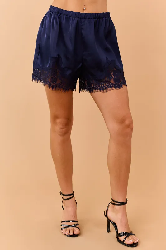 Navy Satin Lace Trim Elastic Waist Shorts - LE LIS