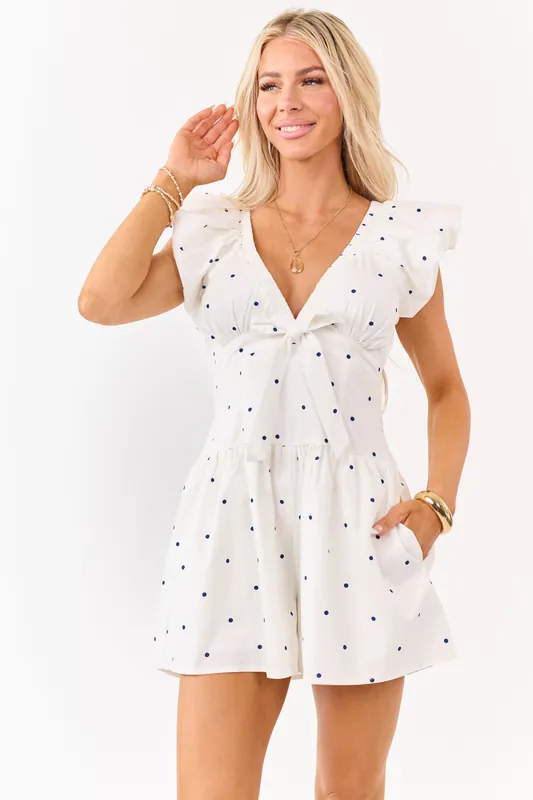 Ivory Poplin Cotton Polka Dot Puff Sleeve Romper - Peach Love