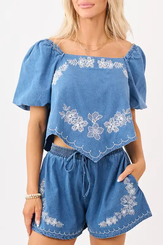 Medium Denim Floral Embroidered Scarf Hem Top - Peach Love