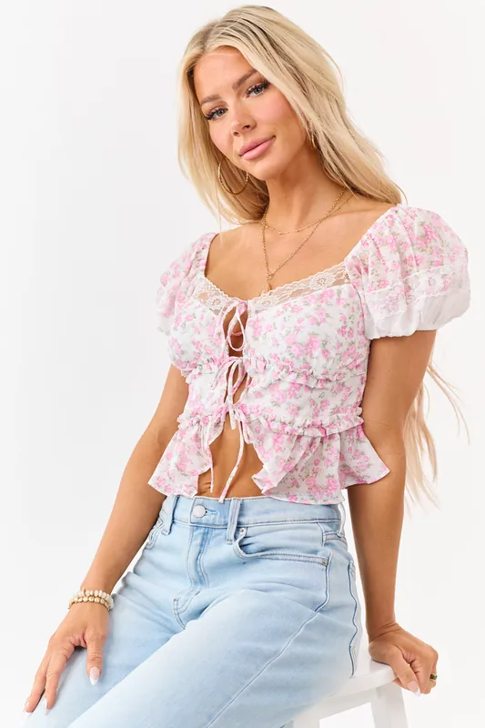 Bubblegum Floral Print Lace Puff Sleeve Top - Peach Love