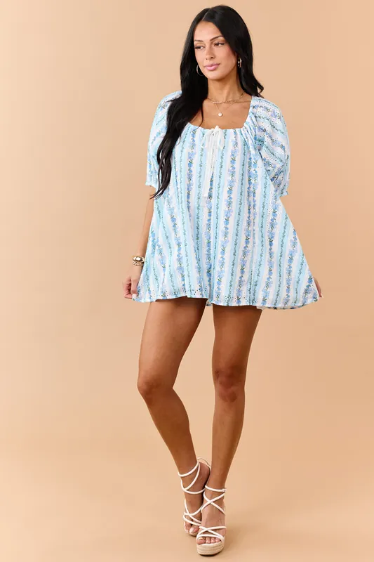 Sky Blue Floral Striped Eyelet Lace Romper - Peach Love