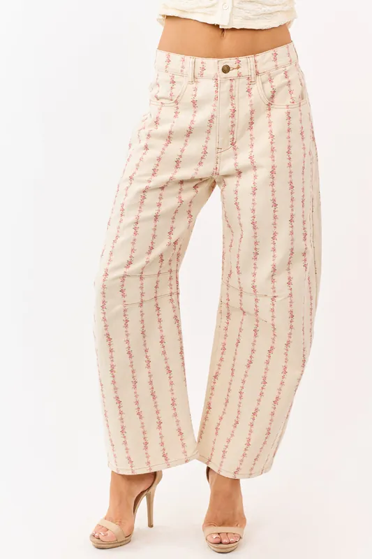 Cream Floral Print Barrel Leg Denim Pants - Peach Love