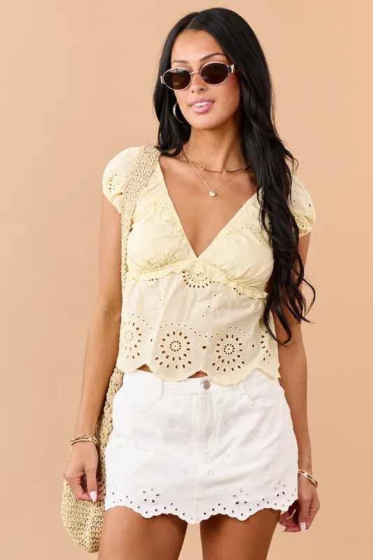 Lemon Eyelet Scalloped Hem Short Sleeve Cotton Top - Shop Iris