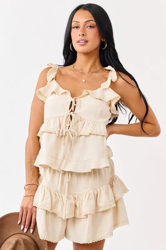 Sand Front Tie Ruffle Lace Trim Tank Top - Mustard Seed