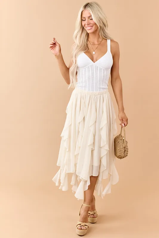 Cream Chiffon Ruffle Handkerchief Hem Midi Skirt - Mustard Seed