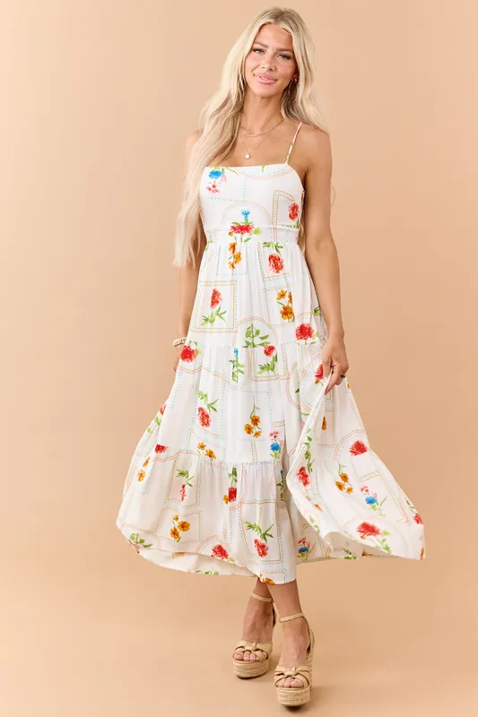 Off White Floral Print Open Back Maxi Dress - A Love Story