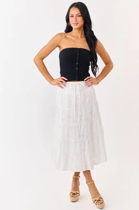 Ivory Eyelet Cotton Floral Tiered Midi Skirt - Olivaceous