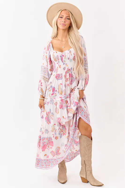 Blush Floral Print Long Sleeve Tiered Maxi Dress - ANGIE