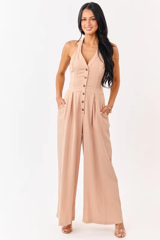 Nude Halter Neck Buttoned Wide Leg Jumpsuit - HYFVE