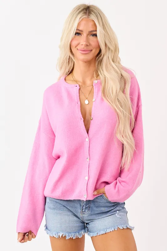 Bubblegum Soft Rib Knit Button Down Cardigan - LE LIS
