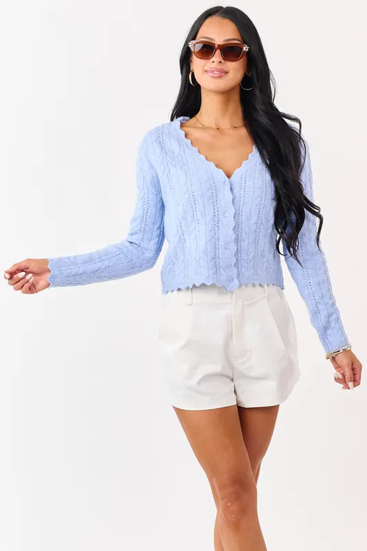 Heathered Powder Blue Scallop Trim Cardigan - Camellia Clothing