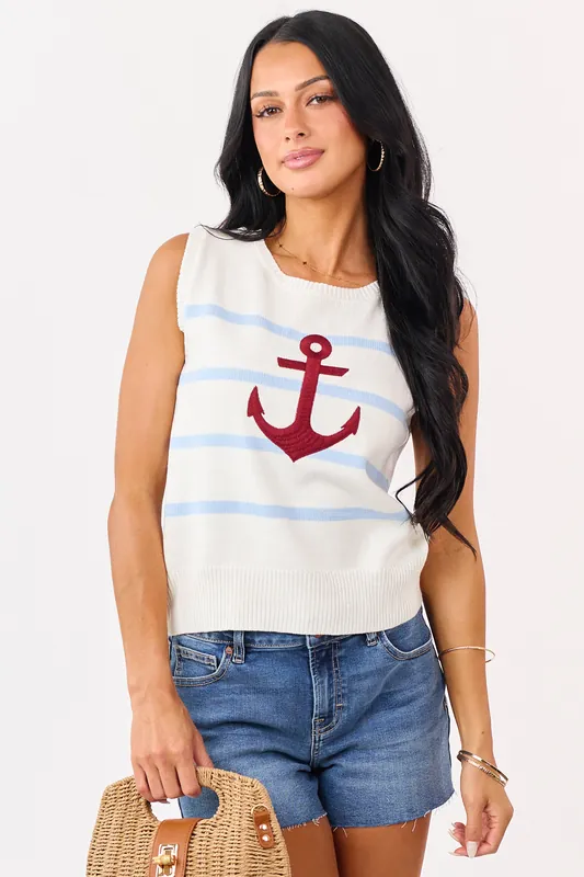 Ivory Striped Anchor Graphic Sweater Tank Top - Able