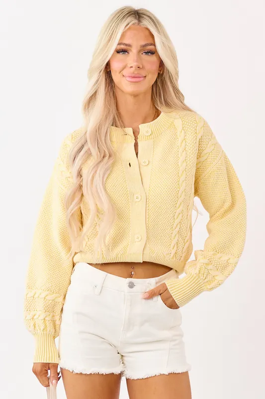 Washed Lemon Cotton Cable Knit Cardigan - Camellia Clothing