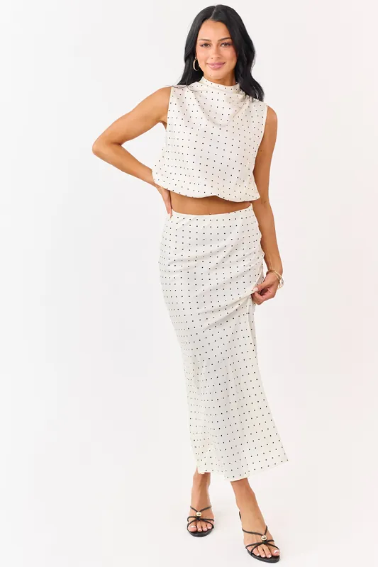 Cream Satin Polka Dot Elastic Waistband Midi Skirt - glam