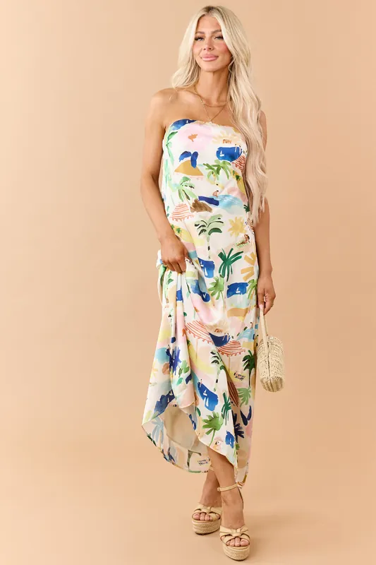 Ivory Satin Vacation Print Strapless Maxi Dress - Dress Forum