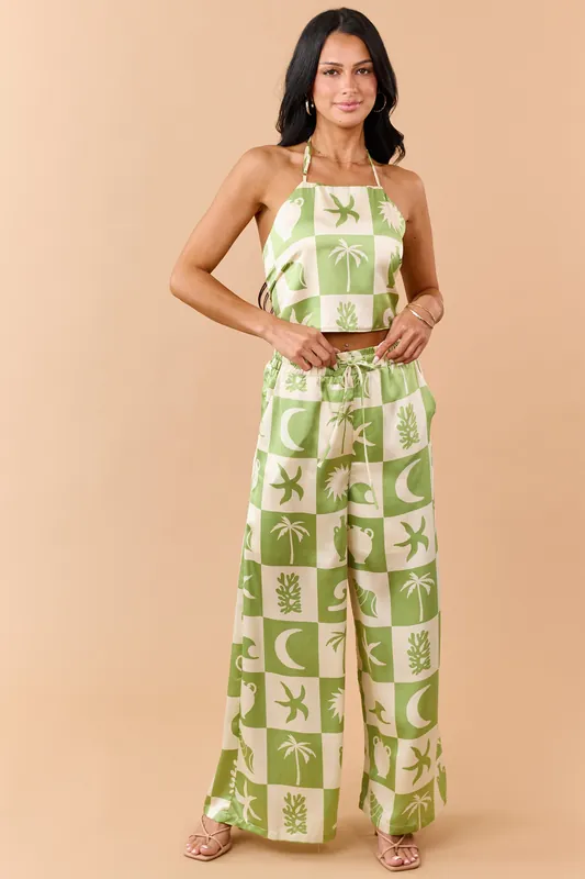 Kiwi Checkered Coastal Print Satin Pants Set - Dress Forum