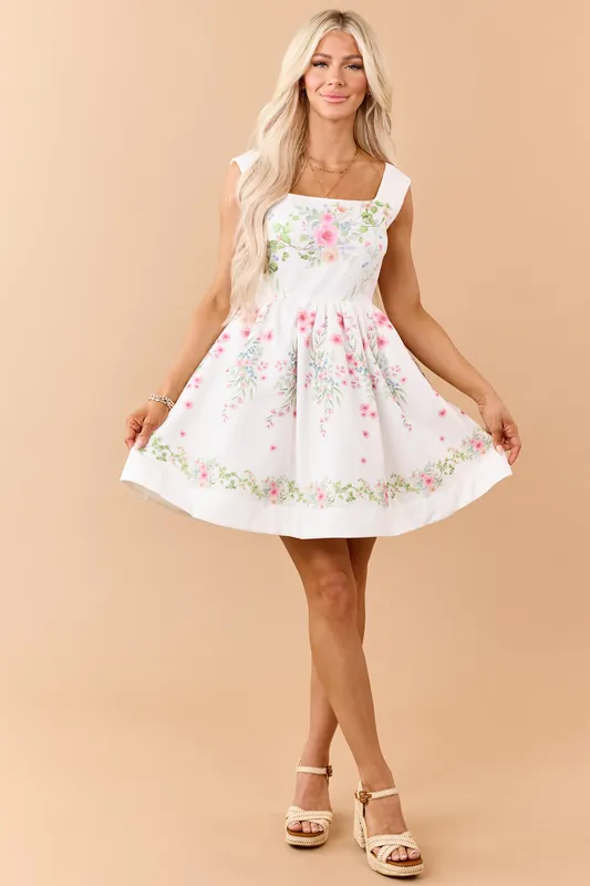 White Vintage Floral Fit and Flare Mini Dress - Le Cliché