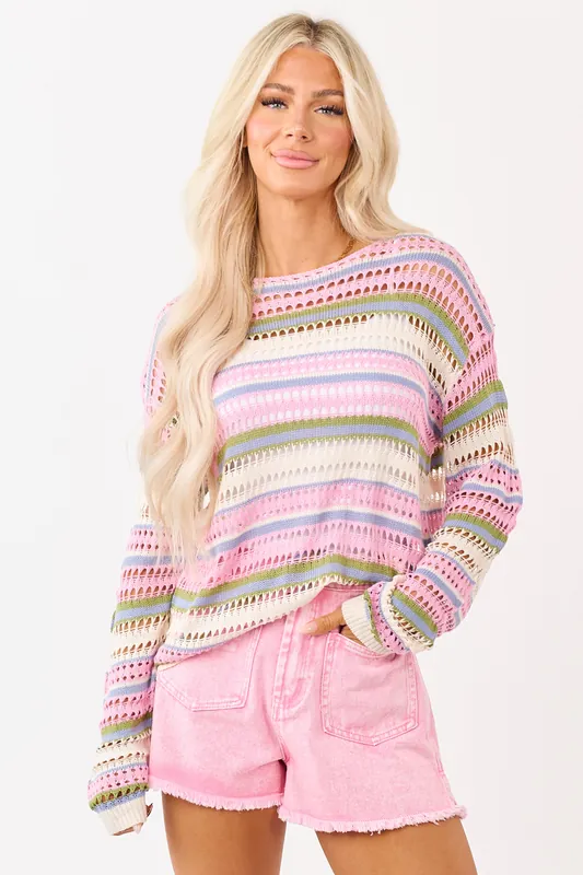 Baby Pink Striped Open Knit Long Sleeve Sweater - Sunday Edition