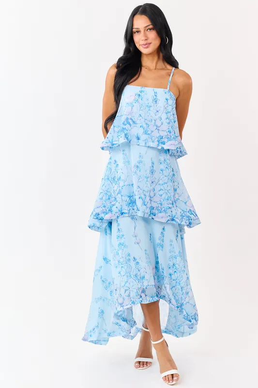 Powder Blue Chiffon Floral Print Tiered Maxi Dress - Shop Sevenday