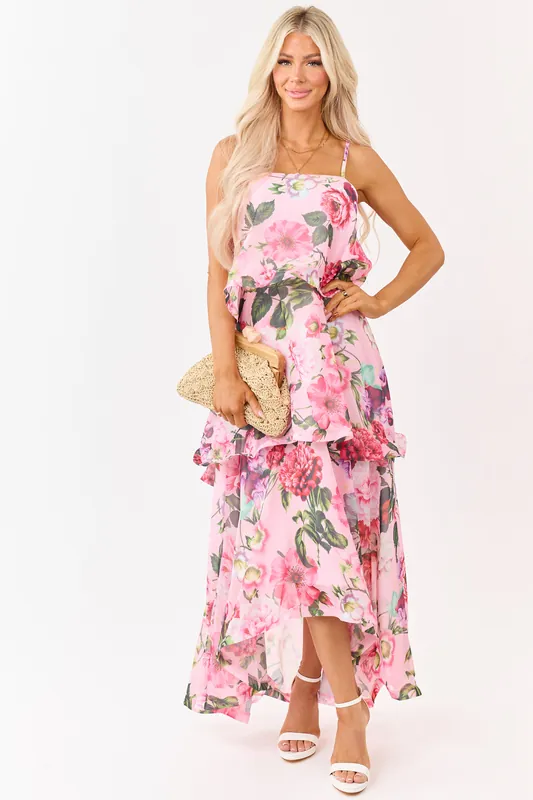 Baby Pink Chiffon Floral Print Tiered Maxi Dress - Shop Sevenday