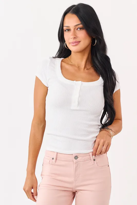 Ivory Textured Rib Knit Short Sleeve Henley Top - Charlotte Avery
