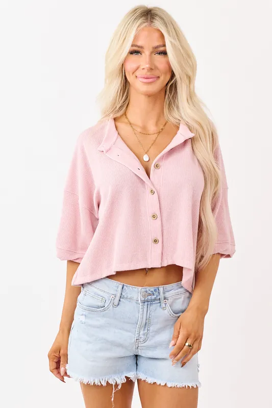 Dusty Blush Rib Knit Button Down Half Sleeve Top - Charlotte Avery