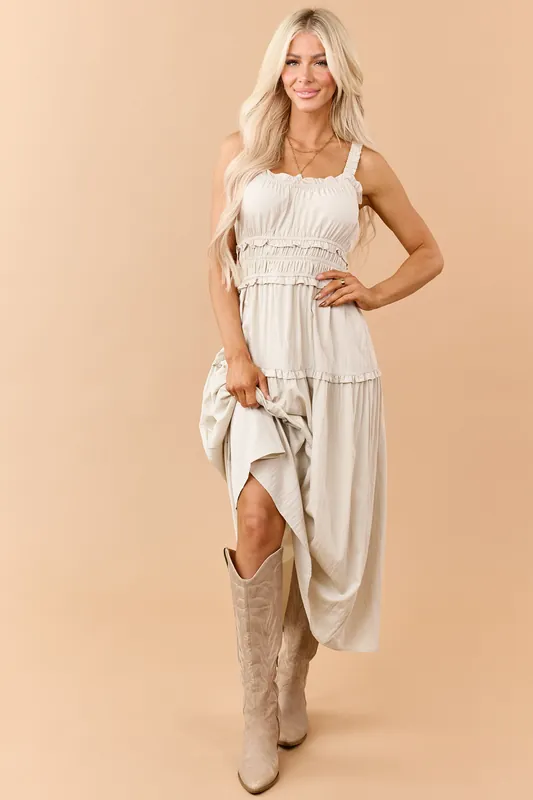 Oatmeal Ruffled Smocked Waist Sleeveless Maxi Dress - Be Cool