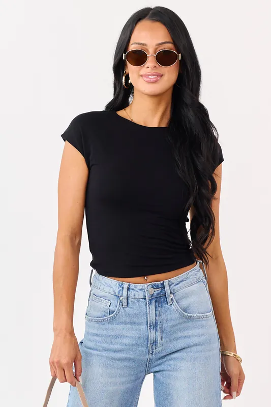 Black Soft Knit Round Neck Cap Sleeve Top - Be Cool