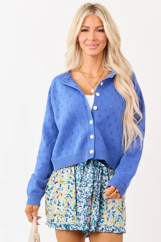 Cobalt Pointelle Button Down Long Sleeve Cardigan - Things Between