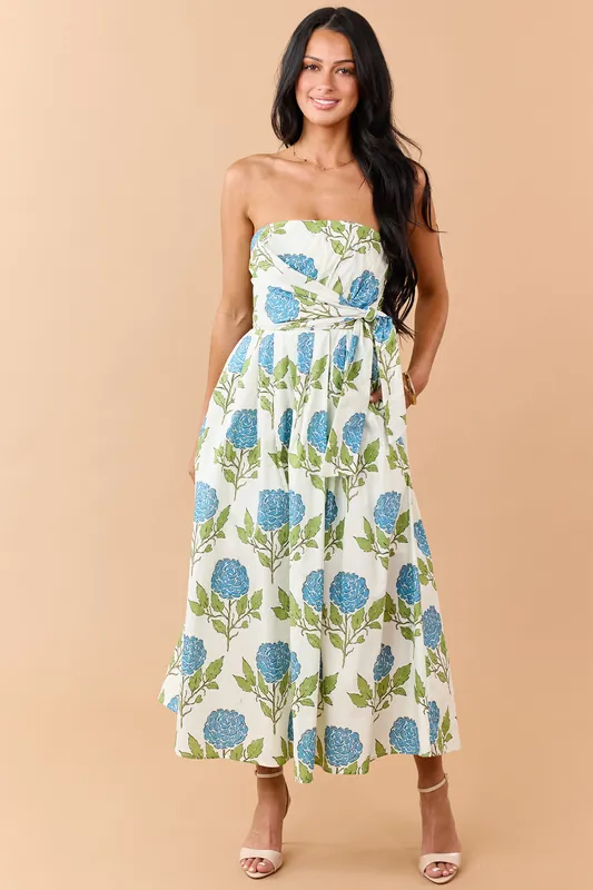 Entro Vanilla Floral Print Cotton Strapless Midi Dress
