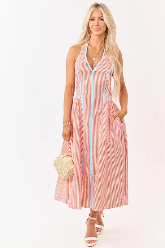 Entro Sunset Striped Cotton Halter Midi Dress