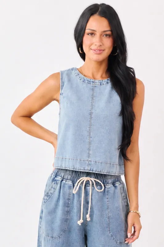 Medium Wash Back Button Down Denim Tank Top - Blu Pepper