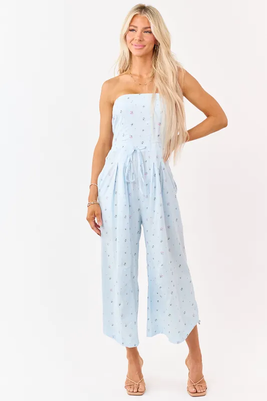 Pastel Blue Cotton Floral Print Strapless Jumpsuit - Klesis