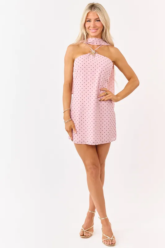 Dusty Blush Polka Dot Neck Tie Mini Dress - Pretty Garbage