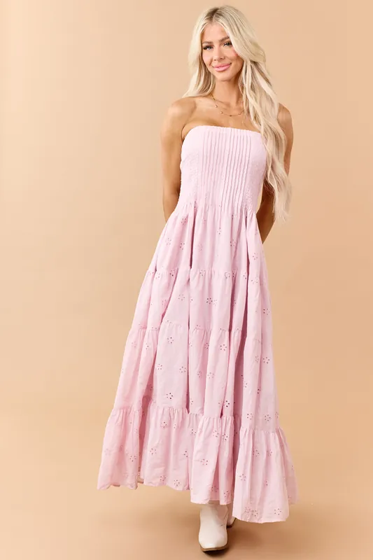 Dusty Blush Eyelet Cotton Pintuck Bodice Midi Dress - Klesis