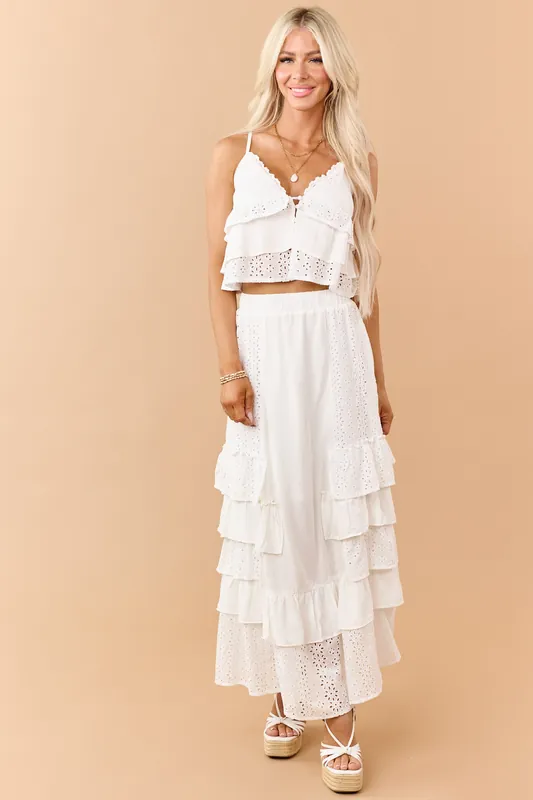 Off White Eyelet Lace Ruffle Tiered Maxi Skirt - Illa Illa