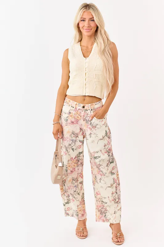 Cream Floral Print Elastic Waist Barrel Jeans - Mittoshop
