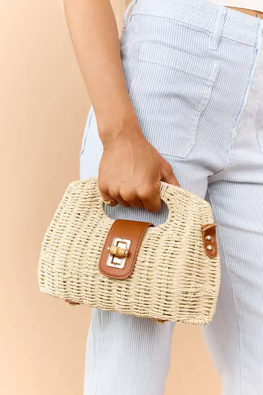 Sand Woven Straw Faux Leather Strap Handbag - Fame Accessories