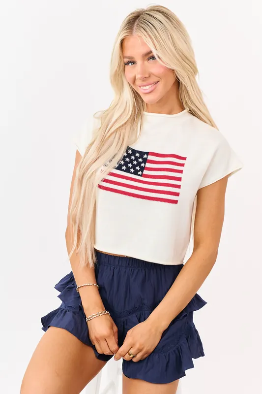 Cream American Flag Graphic Short Sleeve Top - LE LIS