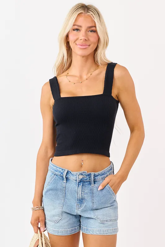Black Seamless Textured Knit Crop Tank Top - Yelete