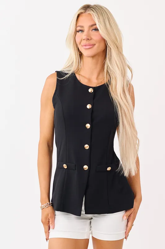 Black Button Down Knit Tunic Vest Top - Timing