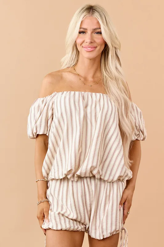 Cream Striped Bubble Hem Off Shoulder Top - Timing